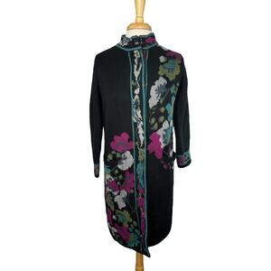 J.JILL Black Floral Sweater Coat Duster Size XS Petite Heavy Knit Cotton Blend